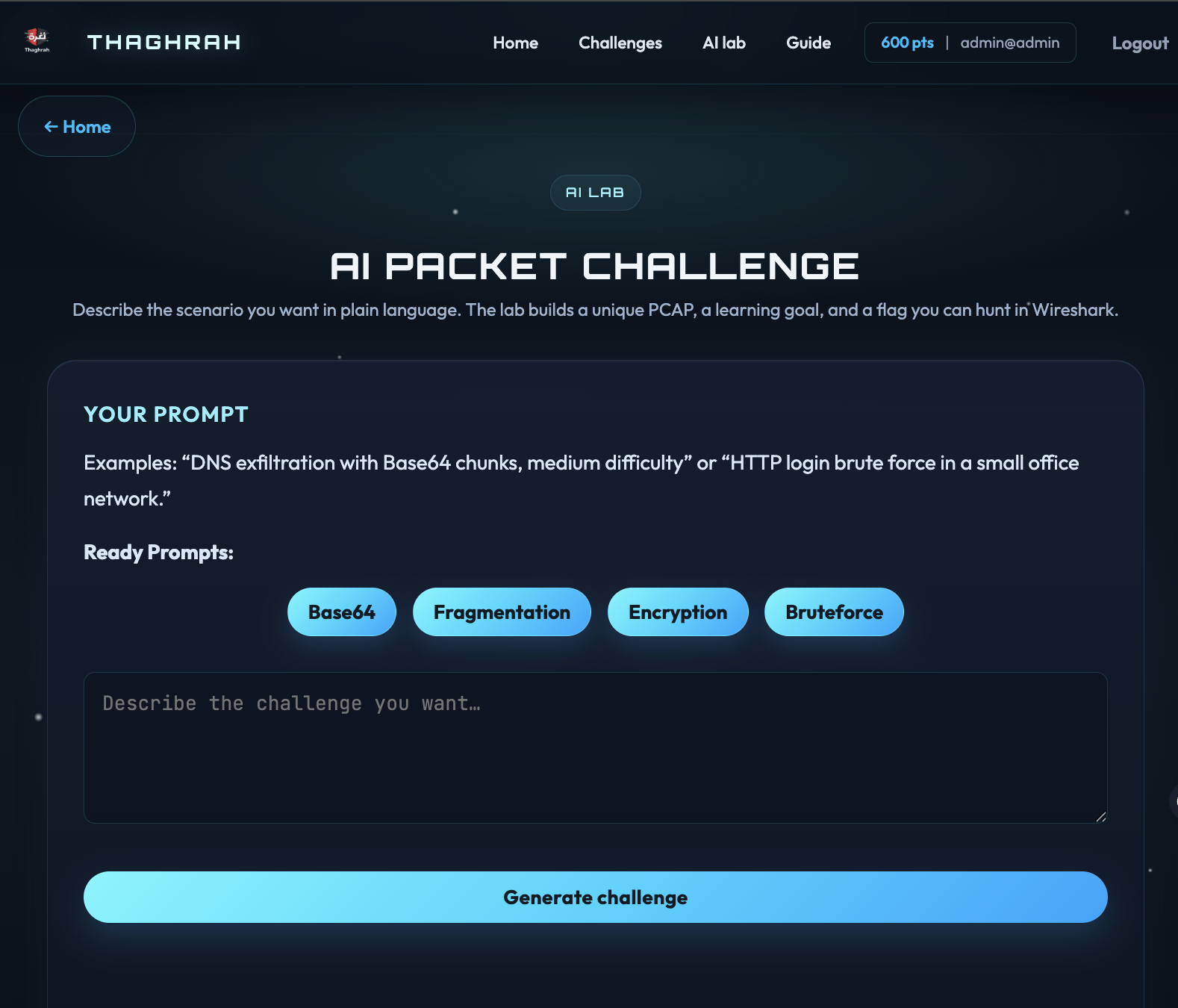 Thaghrah AI lab: AI packet challenge prompt, ready prompts, and generate challenge.