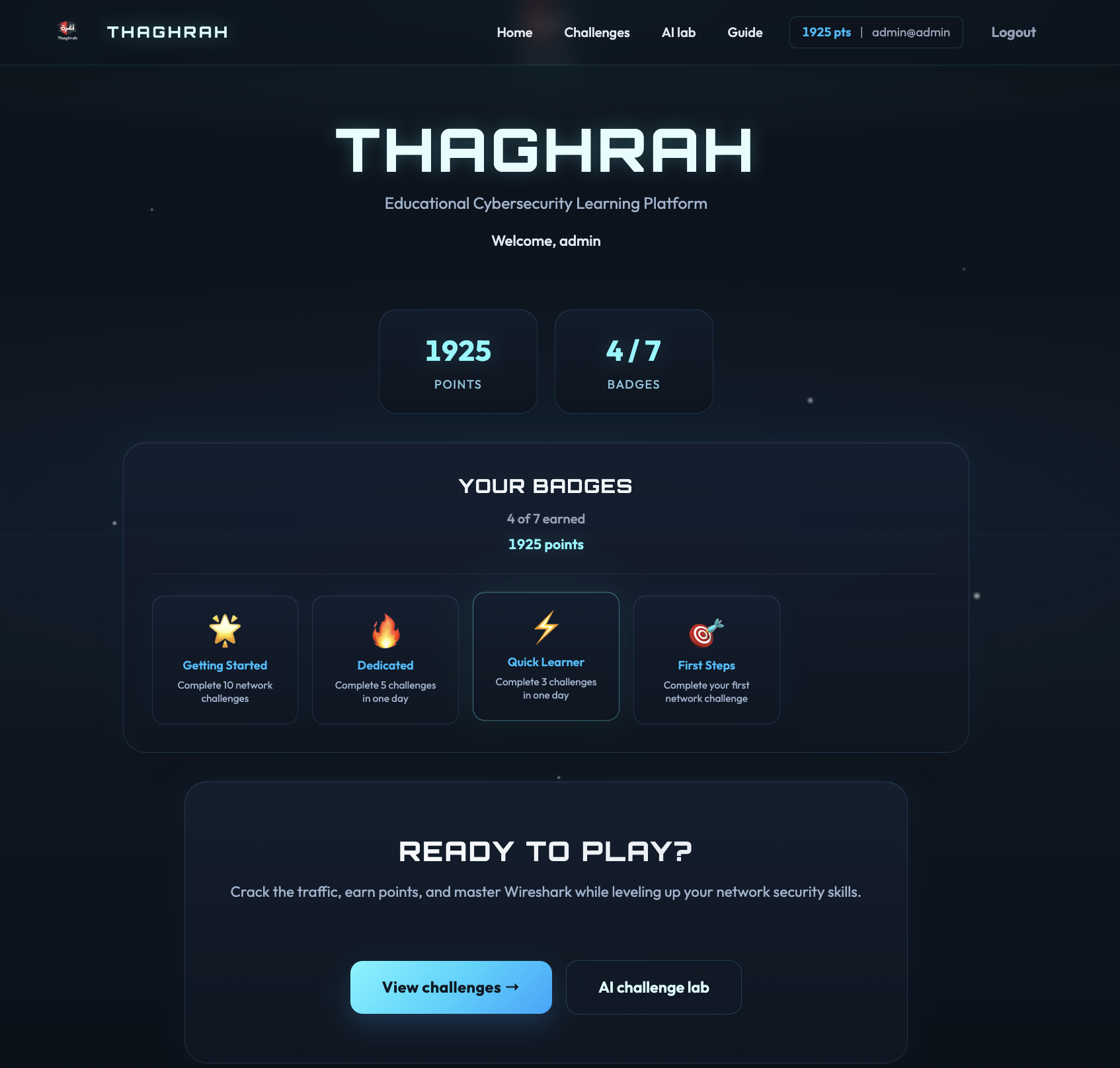 Thaghrah progress: badges, points earned, and challenge stats.
