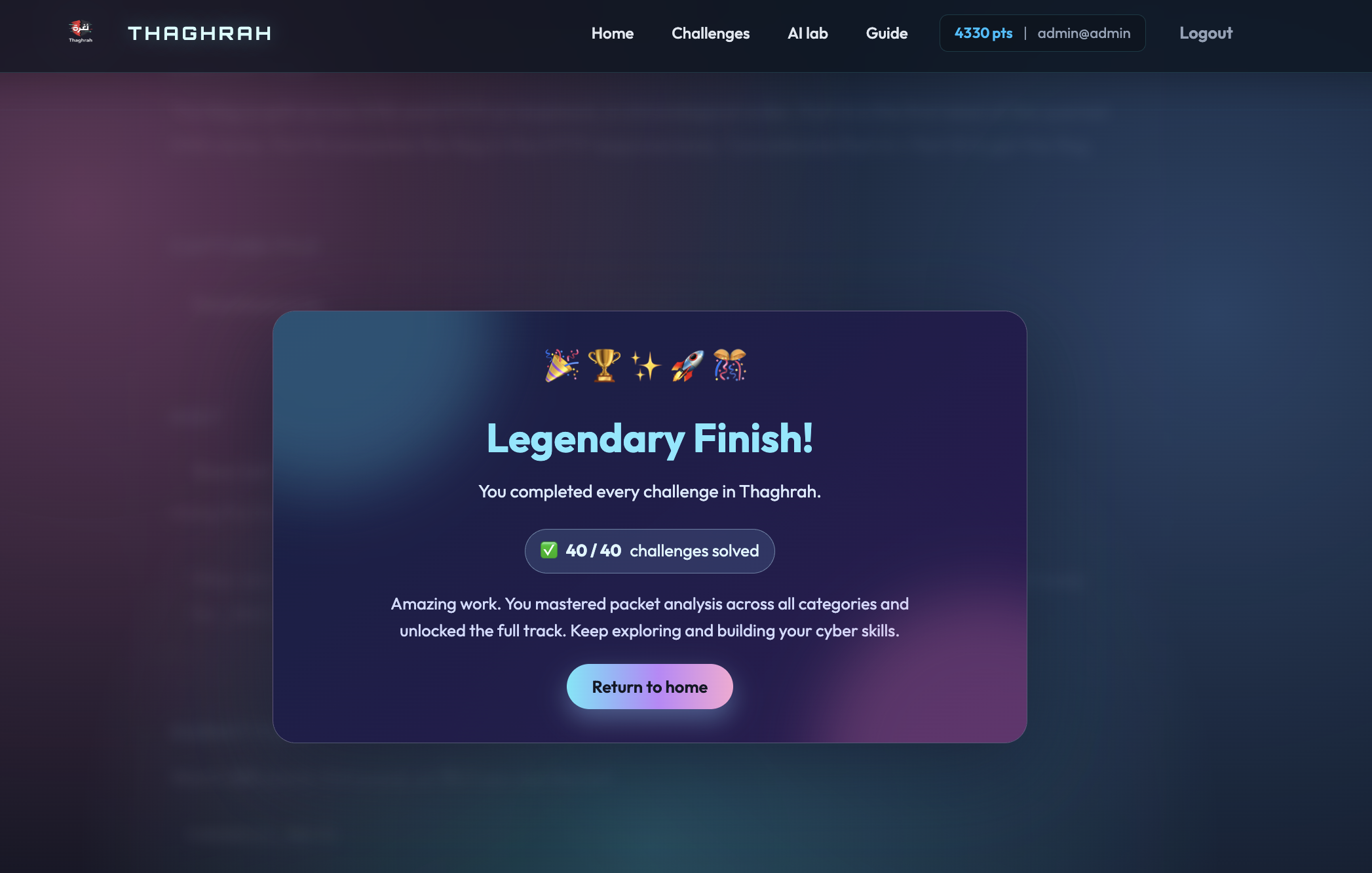 Thaghrah completion: all 40 challenges solved, legendary finish celebration.