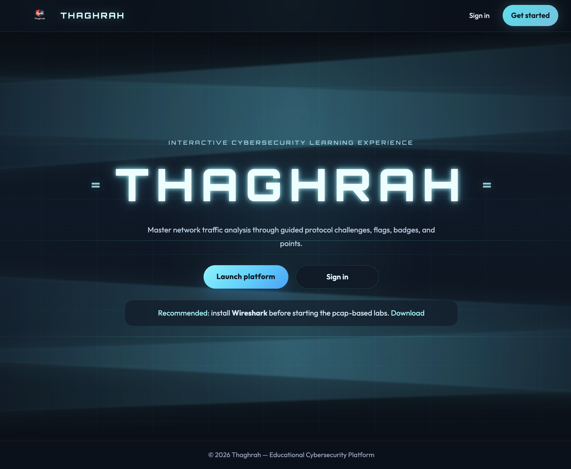 Thaghrah landing page: launch platform, sign in, and Wireshark download recommendation.